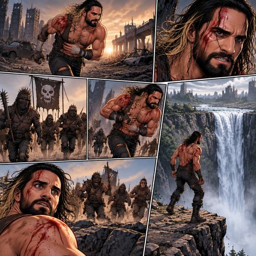 It’s a post apocalyptic world,Seth Rollins was on the run from bandits.He was badly injured but he kept running,running….then….He came across a cliff near a waterfall.The bandits were behind him
