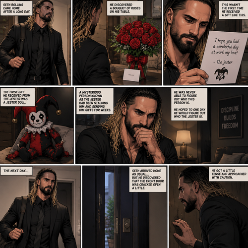 Seth Rollins came home after a long day,He discovered a bouquet of roses on his table. He reads the card,it says “I hope you had a wonderful day at work my love!-The jester”. This wasn’t the first time he received a gift like this. A mysterious person known as the Jester had been stalking him and sending him gifts for weeks. He was never able to figure who this person is. The first gift he received from the jester was a jester doll,He hoped to one day he would figure out who the jester is. The next day,Seth arrived home as usual….but he discovered that the front door was cracked open a little. He got a little tense and approached with caution