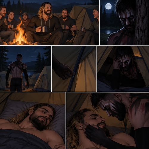 Seth Rollins was at a camp site with a group of friends,Little did he know….a mysterious creature (Finn Bálor) was watching him. At midnight,Seth and the group were asleep in their tents. The mysterious creature slowly walked towards Seth’s tent,He quietly unzipped the tent. He quietly entered the tent,Then he looked at Seth who’s still sleeping. He gently caressed Seth’s cheek