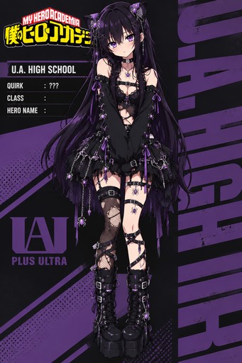 Black-and-purple manga illustration of a person standing in a dark outfit.