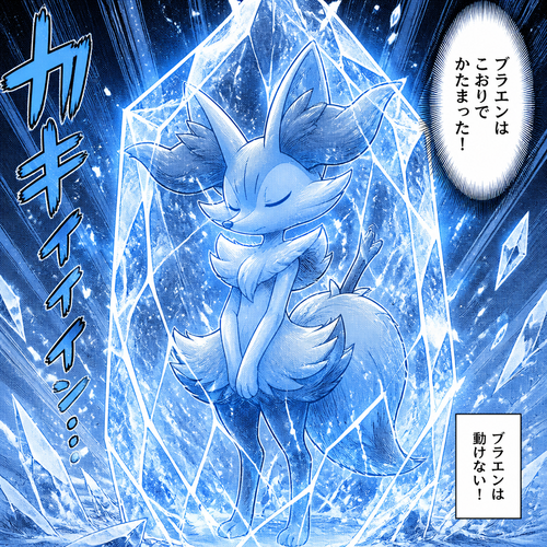 Braixen is frozen with blue light 