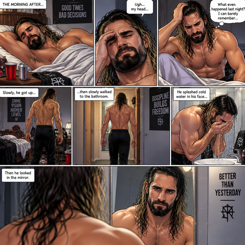 Seth Rollins was asleep after a party last night. Seth slowly woke up hungover,He can barely remember what happened at the party. He slowly got up,then he slowly walked to the bathroom. He splashed cold water in his face,Then he looked in the mirror