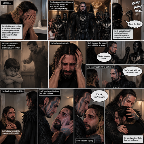(Recap) Seth Rollins was crying in the men’s bathroom of a fancy restaurant because his girlfriend of 5 years cheated on him,then Dark angel royal guards burst in the restaurant lead by Jeff Hardy (The dark angel king),Seth locked himself in the bathroom,one of the guards banged on the door,Seth had flashbacks of his childhood and his abusive father,Seth had a panic attack,Jeff stopped the guard and told him to leave,He convinced Seth to let him in,He slowly approached him,Seth’s body tenses like he expected to get hit,Jeff gently put his hand on Seth’s cheek. (And now part 2). Seth was still crying. “It’s ok,you’re safe” Jeff said softly. He gently pulled Seth into his embrace