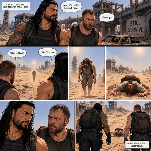 It’s a post apocalyptic world,Roman Reigns and Jon Moxley were side by side surviving the apocalypse together.They fought Bandits and raiders and scavenged for supplies.One day it was really hot outside. “Man it’s really hot out here” Said Roman. “I hear ya” Said Jon.They were about to head back to their base…then they see a person in the distance,He looked like he was overheating. “Who is that?” Asked Jon “I don’t know” said Roman.The person must’ve saw them because he began to walk towards them,but before he got closer to them he passed out due to overheating.Roman and Jon looked at each other,and then walked towards the unconscious man