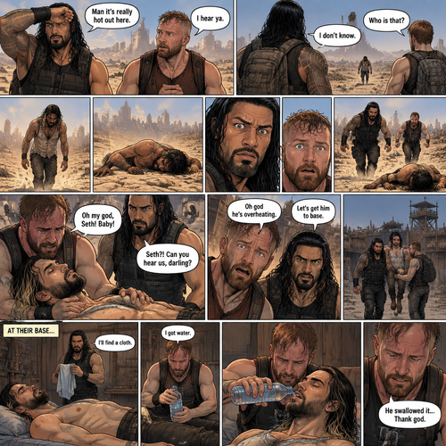 It’s a post apocalyptic world,Roman Reigns and Jon Moxley were side by side surviving the apocalypse together.They fought Bandits and raiders and scavenged for supplies.One day it was really hot outside. “Man it’s really hot out here” Said Roman. “I hear ya” Said Jon.They were about to head back to their base…then they see a person in the distance,He looked like he was overheating. “Who is that?” Asked Jon “I don’t know” said Roman.The person must’ve saw them because he began to walk towards them,but before he got closer to them he passed out due to overheating.Roman and Jon looked at each other,and then walked towards the unconscious man.when they got closer…they recognized him,They shocked…they ran towards him….It was Seth Rollins.Jon had tears in his eyes. “Oh my god,Seth! Baby!” Said Jon as he pulled Seth in his embrace. “Seth?! Can you hear us,darling?” Said Roman.Seth’s breathing was a bit shallow. “Oh god he’s overheating” Said Jon. “Let’s get him to base” said Roman.They carried him to their base.They put him on the bed,Roman went to go find a cloth while Jon went to go get a bottle of water.Jon quickly came back with a bottle of water,He gently sat Seth’s unconscious body up and poured the water into Seth’s mouth.Seth subconsciously swallowed the water,Jon was relieved