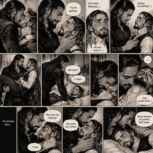 Part 3 of the Vampire x Butler story.Sill in the bedroom of the man of the house (Roman Reigns). He was kissing the Butler (Seth Rollins) against the wall. He smiled at Seth afterwards. Seth was flustered.Roman gently put his hand on Seth’s cheek. “You’re perfect” Roman said softly.Seth’s heart fluttered.Roman heard it,He gently placed his other hand on Seth’s chest to feel the heartbeat.After a while he lifted Seth into his arms.He walked to the bed and gently put Seth down on the bed.Seth looked up at Roman nervously. “Nervous?” Asked Roman. “Y-Yeah” Said Seth.Roman leaned forward towards Seth’s neck.He then wrapped his arms around him in his embrace.He put his lips on Seth’s neck.Seth’s breath hitched a little,Then….Roman’s fangs pierced Seth’s neck.Seth gasped softly.Roman Gently put his hand on Seth’s shoulder. After 10 minutes,Roman pulled his fangs off Seth’s neck. He gently placed his hand on Seth’s cheek. “How are you feeling?” Roman asked softly. “…Tired” Seth Responded softly. Roman kissed Seth’s forehead. “Get some rest,Okay?” Roman said softly. Seth falls asleep. “Sweet dreams,my perfect little butler” Roman whispered softly