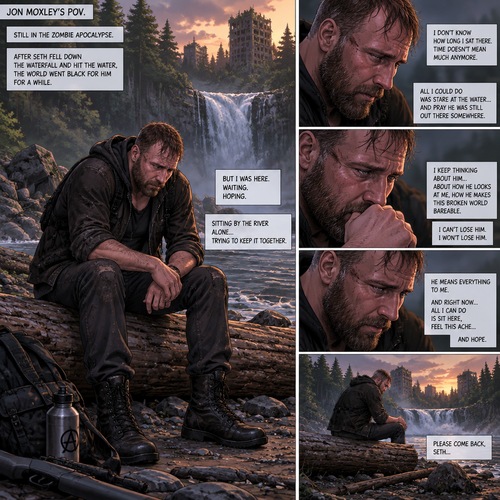 (Recap) Still in the zombie apocalypse. Seth Rollins’s world was black for quite awhile after he fell down a waterfall and hit the water,His his body coughed out water,Then he heard a familiar voice fade in saying “It’s ok baby,It’s ok baby,I got you”,He slowly opened his eyes,the familiar voice spoke again saying “That’s it baby,Open those beautiful eyes”,His vision cleared,He sees Jon Moxley looking down at him and holding him with tears in his eyes,”Jon?”Seth asked weakly. (And now part 3). (This is Jon Moxley’s pov). Jon was sitting on a log near the river alone looking sad