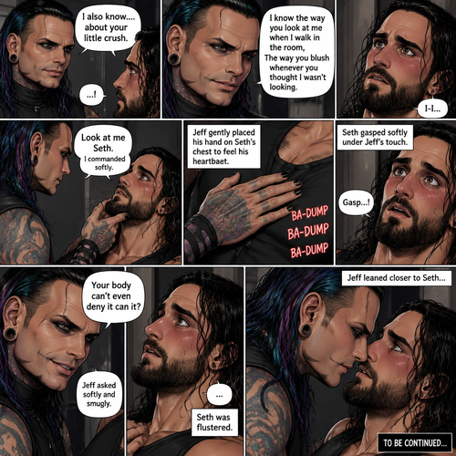 (Recap). Seth Rollins was called into Jeff Hardy’s office,“Is there something wrong Mr.Hardy?” Seth asked nervously,Jeff looked at Seth with a serious expression,“I know you saw me last night” said Jeff,Seth had a fearful expression on his face but tried to keep it cool,“I’m sorry…I don’t know what you’re talking about” said Seth,“Don’t play dumb with me Seth,I know that you know my secret” said Jeff,Seth’s heart was pounding. He was about to run to the door,but Jeff used his vampire speed to get there first and locked it,“You’re not going anywhere” Said Jeff. He slowly walked towards Seth,Seth slowly walked backwards,“Please don’t hurt me,I-I won’t tell anyone” Seth said,His back hit the wall,Jeff stood right in front of Seth,He pinned Seth to the wall. (And now part 3). Jeff looked into Seth’s eyes. “I also know….about your little crush” Said Jeff. Seth got nervous. “I know the way you look at me when I walk in the room,The way you blush whenever you thought I wasn’t looking” Jeff said softly. Jeff gently lifted Seth’s chin. “Look at me Seth” Jeff commanded softly. Seth’s heart fluttered. Jeff heard it,he gently placed his hand on Seth’s chest to feel his heartbeat. Seth gasped softly under Jeff’s touch. Jeff gave a smug smile. “Your body can’t even deny it can it?” Jeff asked softly and smugly. Seth was flustered. Jeff leaned closer to Seth
