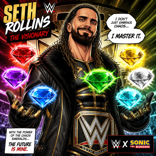 WWE superstar Seth Rollins with the chaos emeralds