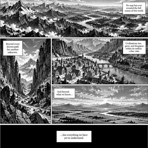 DRAGON STRIKERS

PAGE 3 — A WORLD WITHOUT END

STYLE: Black-and-white manga, cinematic landscapes, high-contrast ink shading, detailed screentones, dramatic perspective.

PANEL 1 — THE SCALE OF THE WORLD

Shape: Large horizontal panel occupying the top quarter of the page.

Camera: Extreme wide shot from high above a mountain range.

Drawing description:
Enormous mountains stretch across the background, their sharp peaks piercing through layers of clouds. Rivers wind through deep valleys, connecting vast lakes and distant forests. Tiny settlements are scattered across the landscape, almost invisible compared with the immense natural world surrounding them.

Use thin white highlights along the mountain peaks to create the impression of sunlight. Dark screentones should fill the valleys, making them appear deep and mysterious.

The horizon should be so distant that the landscape seems to continue beyond the panel itself.

NARRATION BOX:
“No map has ever revealed the full extent of this world.”

PANEL 2 — CIVILIZATION

Shape: Medium horizontal panel.

Camera: High-angle view of a settlement.

Drawing description:
A settlement lies between enormous mountains and a broad river. Buildings of different sizes line narrow roads. Bridges cross the river, and tiny figures move through the streets.

In the background, show enormous walls of rock surrounding the valley. Their scale should make the settlement look almost insignificant.

Keep the buildings and people detailed in black ink, with lighter screentones in the distant scenery.

There should be no visible signs of destruction or panic. Everything appears ordinary.

NARRATION BOX:
“Civilizations rise, grow, and disappear within its endless reaches.”

PANEL 3 — THE DISTANT FRONTIER

Shape: Tall vertical panel extending down the left side of the page.

Camera: Low-angle shot looking toward a distant mountain pass.

Drawing description:
Two immense rock formations stand on opposite sides of a narrow passage. A winding road disappears between them and continues toward an unknown landscape.

Jagged rocks fill the foreground. Fine lines and dense shadows emphasize their rough surfaces. Clouds gather behind the mountains, partially hiding the peaks.

The road should look small against the surrounding terrain, drawing the reader’s attention toward the unknown beyond it.

No characters need to appear in this panel.

NARRATION BOX:
“Beyond every known path lies another unknown.”

PANEL 4 — THE SILENT WORLD

Shape: Wide horizontal panel.

Camera: Extreme wide shot of the distant horizon.

Drawing description:
A vast plain stretches beneath a sky filled with layered clouds. A river cuts through the land, disappearing behind distant hills. Mountains form several overlapping silhouettes, each lighter than the one before it.

Use a large amount of open space. Avoid filling every part of the panel with detail; the emptiness should make the world feel even larger.

The scene should feel quiet, almost as though the landscape is waiting for something.

NARRATION BOX:
“And beyond what we know…”

PANEL 5 — THE TURNING POINT

Shape: Small, completely black panel at the bottom of the page, with a single white narration box in the centre.

DRAWING:
No visible characters. No explanation. Just darkness.

NARRATION:
”…lies everything we have yet to understand.”