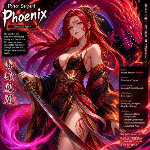 Poison serpent Phoenix
Zonpoctō spirit female with red hair, one scar across her cheek, but the rest of her is virtually perfect