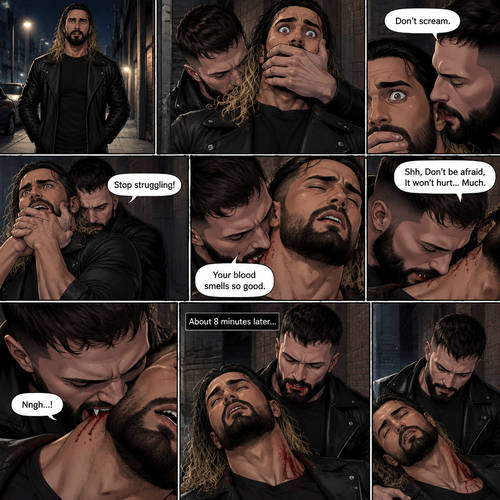 Seth Rollins was walking down a sidewalk alone at night,Then…Someone (Finn Bálor) grabbed him from behind and pulled him into an alleyway. Seth tried to yell for help but the person Covered his mouth with his hand. The person whispered in Seth’s ear “Don’t scream”. Seth struggled but the person was somehow stronger than him. “Stop struggling!” The person said with an irritated tone. Seth was breathing heavily. The person sniffed Seth’s neck. “Your blood smells so good” Said the person. Seth’s heart was pounding with fear. “Shh,Don’t be afraid,It won’t hurt…Much” The person said softly. Then…the person’s fangs pierced Seth’s neck. Seth groaned. The person held Seth. After about 8 minutes,The person removed his fangs from Seth’s neck. Seth was weak and barely conscious