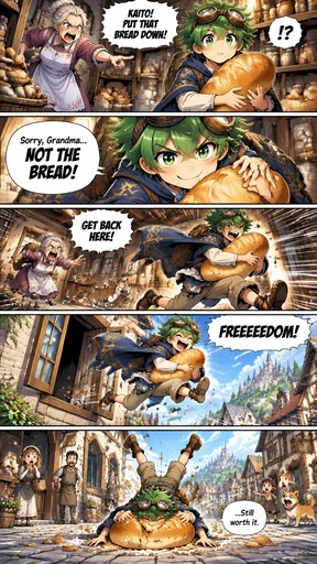 KAITO — EPISODE 1: THE GREAT ESCAPE!

Create a beautiful, full-color Japanese shonen fantasy comedy manga page with 5 dynamic panels.

SETTING:
The same cozy medieval fantasy house, beginning inside the food-filled pantry and ending outside on a sunny village street.

CHARACTER CONSISTENCY:
KAITO: An energetic, innocent 11-year-old boy with messy bright green hair, matching green eyes, bronze explorer goggles on his head, an ornate blue-and-gold poncho, beige trousers, sandals, a brown backpack and a mysterious blue pendant.

GRANDMOTHER: The same elderly woman with white hair tied in a bun, wearing a traditional apron. She is furious but comically expressive.

STORY — FOLLOW THIS EXACT ORDER:

PANEL 1 — THE WARNING:
Grandmother points angrily at Kaito, who is still sitting on the pantry floor holding a huge loaf of bread.

GRANDMOTHER:
"KAITO! PUT THAT BREAD DOWN!"

Kaito looks at her, then at his bread.

PANEL 2 — THE DECISION:
Close-up of Kaito hugging the loaf tightly against his chest, looking determined.

KAITO:
"Sorry, Grandma... NOT THE BREAD!"

PANEL 3 — THE ESCAPE:
Kaito suddenly jumps to his feet and runs through the house at full speed, clutching his bread.

His grandmother chases him, waving her arms.

GRANDMOTHER:
"GET BACK HERE!"

Add exaggerated speed lines and hilarious expressions.

PANEL 4 — THE WINDOW:
Kaito leaps dramatically through an OPEN wooden window into the sunny fantasy village street.

His blue poncho flutters behind him and his backpack bounces.

KAITO:
"FREEEEEDOM!"

Make this panel cinematic and full of movement.

PANEL 5 — THE LANDING:
Kaito loses his balance and lands face-first on his giant loaf of bread in the middle of the village street.

Bread crumbs fly everywhere. His legs stick up comically.

A small speech bubble comes from beneath the bread.

KAITO:
"...Still worth it."

STYLE:
Vibrant full-color Japanese shonen manga, professional comic panel composition, expressive anime faces, dynamic camera angles, beautiful fantasy v