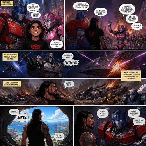 WWE Superstar Roman Reigns ends up on Cybertron as a child and ended up adopted by Optimus Prime and Elita-1.Years later Cybertron is falling apart,Elita-One stays behind while Roman,Optimus Prime and the other Autobots leave on the ark after an emotional goodbye.Then suddenly they get attacked by Megatron and the Decepticons.Then The Deceptions shoot the ark’s wing and Roman and Optimus and the other Autobots crash land on another planet.After A while Roman wake up and looks around and sees Optimus and the Autobots unconscious.Roman opens the Arks hatch and sees…That he’s on the one planet that he thought he would never return to…His home planet..Earth.Then Optimus wakes up