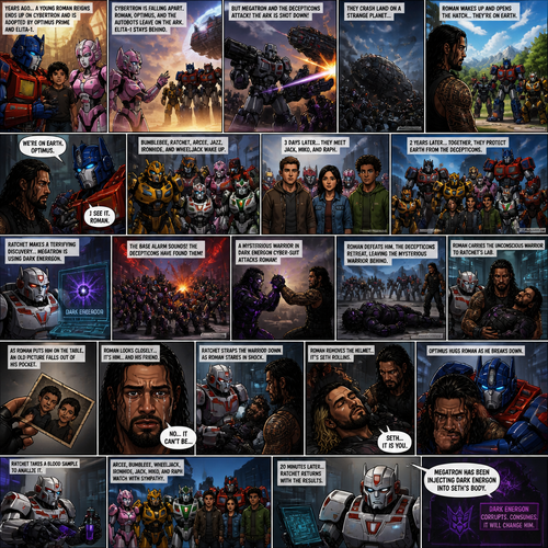 WWE Superstar Roman Reigns ends up on Cybertron as a child and ended up adopted by Optimus Prime and Elita-1.Years later Cybertron is falling apart,Elita-One stays behind while Roman,Optimus Prime and the other Autobots leave on the ark after an emotional goodbye.Then suddenly they get attacked by Megatron and the Decepticons.Then The Deceptions shoot the ark’s wing and Roman and Optimus and the other Autobots crash land on another planet.After A while Roman wake up and looks around and sees Optimus and the Autobots unconscious.Roman opens the Arks hatch and sees…That he’s on the one planet that he thought he would never return to…His home planet..Earth.Then Optimus wakes up.Roman explains to him that they’re on earth,Then bumblebee,Ratchet,Arcee,Jazz,Ironhide and wheel jack wakes up.Timeskip to 3 days later.They meet Three humans,Thier names are Jack,Miko and Raph.Timeskip to 2 years later.Roman and Optimus and the Autobots have been working along side Jack,Miko and Raph to protect earth from the Decepticons.Then Ratchet made a terrifying discovery…Megatron is using Dark energon.Then the base alarm went off.The Decepticons have found the Autobot base and were attacking them.Then a mysterious creature in a dark energon cyber suit attacks Roman.Roman manages to defeat him.The Decepticons realize they’re overwhelmed by the Autobots they retreat leaving the mysterious creature behind.Roman Carries the unconscious creature to Ratchet’s lab.As he puts him on the table an old picture falls out of his pocket.While ratchet Straps the unconscious mysterious creature to the table Roman looks at the photo.There’s two young boy on it,As Roman looked closely at the photo….He realizes that it’s him with a friend of his as kids, “No….It can’t be” said Roman. Optimus and Ratchet Noticed the look on his face, “Roman? What’s Wrong?” Asked Optimus. But Roman didn’t answer.He walked to the unconscious man,He takes off the Helmet…and sure enough…It was Seth Rollins (Roman and Seth are childhood friends in this story).Roman was shocked,Then tears stream down his face. “Seth..It is you” Roman said to him self.Optimus Gently hugged Roman from behind.Ratchet takes a sample of Seth’s blood to analyze it while Roman silently cries in Optimus’s arms and Arcee,Bumblebee,Wheeljack,Ironhide,Jack,Miko and Raph watch with sympathetic looks on their faces.20 Minutes later Ratchet returns with a grim look on his face.He has the results.Apparently Megatron has been injecting Dark energon into Seth’s body