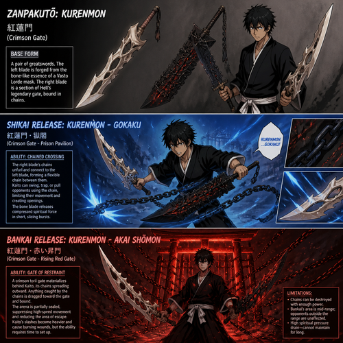 A zanpocto with Shikai and bankai releases.base form of zonpocto is 2 great swords one the left blade is made out of a vasto lord mask material,the right blade  hells legendary gate wrapped in chains. Give me different pictures for each release and explain the ability's. Not super overpowered 