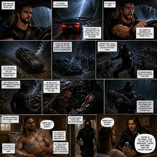 Seth Rollins was driving in his car,It started to rain outside.Then suddenly a lightning bolt hit a tree and it fell in the middle of the road.He Tried to stop…But ended up swerving off road and rolling down a hill.The car made it to the bottom,He lost consciousness after that.A pack of wolves came out of the forest,They closed in on the wreckage,Before they could attack…the winter soldier attacked them.He overpowered them,The wolves ran away.He looked at the wreckage,He walked towards it,He Sees Seth in the front seat,He ripped the front door off the car and lifted Seth in his arms and walked into the woods while holding him.The next morning,Seth slowly woke up,He tried to sit up but he felt a little sore.He looked at his wounds,They were all bandaged up.He then looked around his surroundings,He was In some sort of bedroom.He then heard footsteps,The door opened,The winter soldier was standing in the doorway with medicine in his hands.He walked over to Seth and sat down next to him on the bed. “Where am I?” Seth asked weakly. The winter soldier took off his mask. “You’re in my cabin,I got you out of the wreckage,You’re safe here” Said the winter soldier