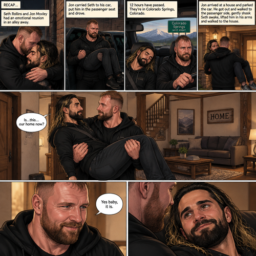 (Recap) Seth Rollins and Jon Moxley had an emotional reunion in an alley away,Jon carried Seth to his car,he put him in the passenger seat and Drove,12 hours have passed,they’re in Colorado Springs,Colorado,Jon was still driving and Seth was asleep in the passenger seat,he arrived at a house and parked the car,he got out and walked to the passenger side,he gently shook Seth awake,he lifted Seth in his arms and walked to the house. (And now part 3). Jon entered the house with Seth in his arms. Seth looks at the place. “Is…this…our home now?” Seth asked. Jon smiled softly. “Yes baby,it is” Jon said softly. Seth smiled softly