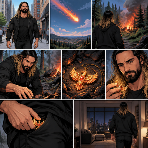 Seth Rollins was walking down the street,Then suddenly a fire ball came out of the sky and crash landed in the nearby forest.Out of curiosity he investigated,There he sees an amulet that’s shaped like a phoenix.He doesn’t know why…But he feels like maybe…he should take it.He picked it up and stared at it.He puts it in his pocket and went home