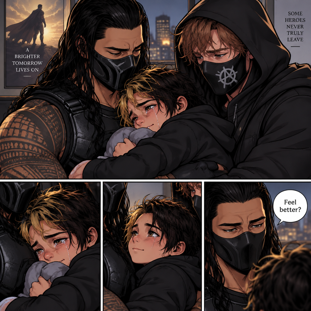 (Part 2 of an Ambrolleigns story) Seth Rollins was the son of a famous superhero who sacrificed himself for the world. Seth was still crying. The masked villains (Roman Reigns and Dean Ambrose) Still gently held him in their arms. Seth eventually slowly calmed down. “Feel better?” Roman asked softly