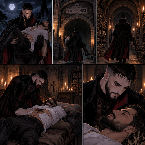 (Vampire Finn Bálor x Reincarnated Seth Rollins part 2) The Person was still walking in the night with the unconscious Seth in his arms. He walked to the catacombs,He entered the catacombs. He puts Seth on a makeshift bed,Then he looks at Seth