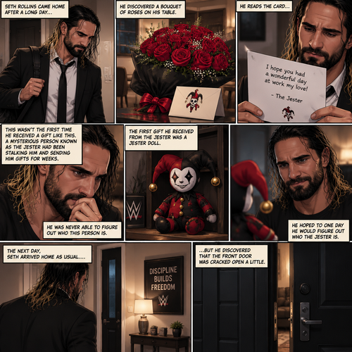 Seth Rollins came home after a long day,He discovered a bouquet of roses on his table. He reads the card,it says “I hope you had a wonderful day at work my love!-The jester”. This wasn’t the first time he received a gift like this. A mysterious person known as the Jester had been stalking him and sending him gifts for weeks. He was never able to figure who this person is. The first gift he received from the jester was a jester doll,He hoped to one day he would figure out who the jester is. The next day,Seth arrived home as usual….but he discovered that the front door was cracked open a little