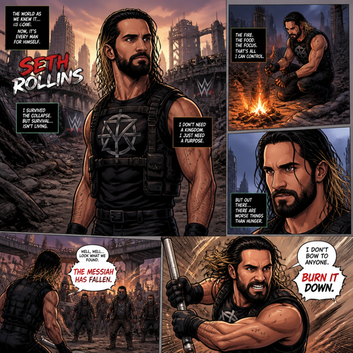 WWE superstar Seth Rollins in a post apocalyptic world trying to survive