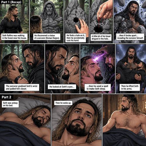 (Recap) Seth Rollins Was walking in the forest near his house,he discovered a statue of a sorcerer (Roman Reigns),he finds a hole on it,then he accidentally cuts his hand,A little bit of his blood dripped in the hole,then it broke apart…revealing the sorcerer himself,Seth was shocked,the sorcerer grabbed Seth’s wrist and pulled him closer,He looked at Seth’s eyes,then he used a spell to make Seth sleep,then he lifted Seth in his arms. (And now part 2). Seth was asleep on his bed,then he woke up
