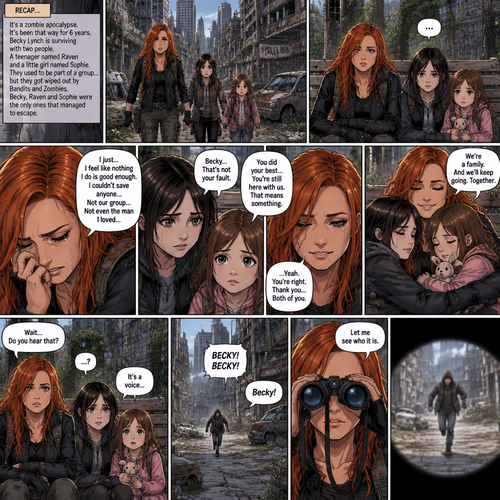 (Recap)It’s a zombie apocalypse,It’s been that way for 6 years,Becky lynch is surviving with two people,A teenager named Raven and a little girl named Sophie,They used to be part of a group…but they got wiped out by Bandits and Zombies,Becky,Raven and Sophie were the only ones that managed to escape.m,They’re currently walking in the city,They sat down on a bench to take a break,They were silent for a while,Then Becky started to cry,Raven and Sophie were concerned,Becky felt like nothing she did was good enough and that she couldn’t save anyone even the man she loved,Raven and Sophie were sad to see Becky like this,They reassured her,Becky smiled softly,They all hug each other. (And now part 2). Becky,Raven and Sophie were still sitting on the bench. Then…they heard a faint voice calling Becky’s name. They looked…and see a figure running towards them and calling Becky’s name in the distance. Becky grabbed her binoculars to see who it is
