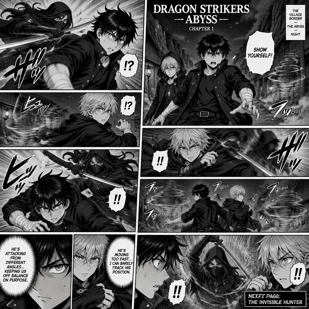 DRAGON STRIKERS — ABYSS — CHAPTER 1
NEXT PAGE: THE INVISIBLE HUNTER
Create a dramatic black-and-white Japanese manga page with dynamic panel layouts, sharp ink lines, detailed shadows, cinematic perspective, and intense action. Keep character designs perfectly consistent across every panel. Read right to left.
SORA AMAMIYA: 17-year-old Japanese boy, slim athletic build, messy layered jet-black hair with sharp spikes and uneven bangs, sharp light-grey eyes, black high-collar jacket with silver buttons over a dark shirt, black trousers, black belt with rectangular silver buckle, black combat boots, white bandages around both wrists and partially over both hands, dark travel bag. No scars, no clan symbols.
REI MIKAZUKI: Japanese boy with soft layered silver hair, cool blue-grey eyes, black hooded cloak with subtle blue accents over dark layered clothing, black trousers and boots, blue crystal pendant on a silver chain.
THE ASSASSIN: Tall, lean figure with long straight charcoal-black hair, narrow crimson eyes, black mask covering the lower half of the face, fitted black combat outfit, black gloves, dark trousers, black boots, long black hooded cloak, dark-metal sword at the waist. Has the ability to turn invisible.
SETTING: An almost deserted village border in the Abyss at night. Rocky ground, towering cliffs, wooden buildings, dim lanterns, deep shadows, and drifting mist. No crowds.
PANEL 1: Sora stands in front of Rei, scanning the darkness after shouting, “SHOW YOURSELF!” A faint distortion ripples through the air behind them.
PANEL 2: The assassin suddenly becomes visible for a split second on Sora’s left and launches a fast sword strike. Sora twists away just in time, startled by how quickly the attacker appeared.
PANEL 3: Before Sora can counterattack, the assassin vanishes. A sharp gust of air passes behind Rei. Rei turns abruptly, raising his arm to defend himself.
PANEL 4: Rei narrowly evades another surprise strike from the opposite direction. The assassin’s dark silhouette flickers at the edge of the panel before disappearing again. Rei’s expression changes from shock to intense concentration.
PANEL 5: Sora rushes to help Rei, but the assassin reappears behind Sora. Sora senses the movement at the last instant and ducks. The dark-metal blade cuts through empty air above him.
PANEL 6: Sora and Rei stand back-to-back, trying to watch every direction. The assassin is nowhere to be seen. Show several faint distortions in the air around them, suggesting the attacker is moving too quickly for them to track.
PANEL 7: Close-up of Sora’s narrowed eyes as he realizes their opponent is deliberately attacking from different angles to keep them off balance. Rei grips his cloak and watches the surrounding shadows.
PANEL 8 — CLIFFHANGER: A barely visible distortion forms directly between Sora and Rei. Both begin turning toward it, but the assassin is already emerging with their sword raised. Sora’s eyes widen as he realizes they may not react in time.
ART DIRECTION: Pure black-and-white manga, strong contrast, speed lines, varied panel sizes, dramatic close-ups, realistic movement, atmospheric shadows, clear character anatomy, consistent clothing and faces. Make the assassin’s invisibility readable through subtle air distortions and brief silhouette glimpses. Intense action without graphic injuries. No extra characters, no colour, no unrelated scenes.
