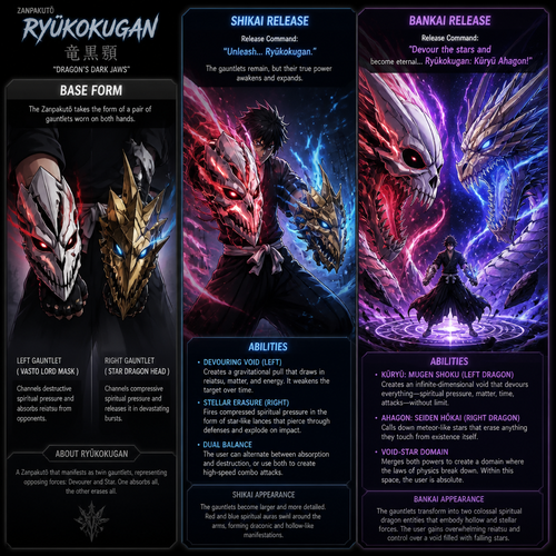 A zanpocto with Shikai and bankai releases.base form of zonpocto is gauntlets one the left looks like vasto lord mask the right looks like a star dragons head. Give me different pictures for each release and explain the ability's.