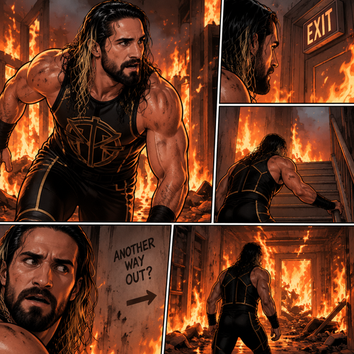 Seth Rollins is in a burning building,He tries to find a way out