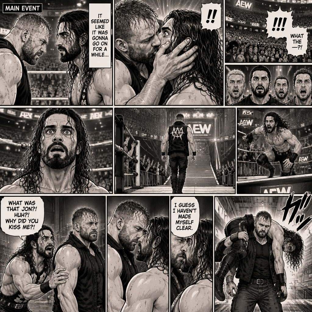 Jon Moxley and Seth Rollins were in a match against each other. It’s the main event. It seemed like it was gonna go on for a while…but then….something unexpected happened. Jon cupped his hands on Seth’s face….pulled him in…and kissed him. Seth’s eyes widened,The fans went crazy with shock,even some of the superstars that were watching were shocked. Jon then pulled away. Seth just stood there stunned. Jon didn’t say a word,he walked out of the ring and walked up the ramp. Seth eventually snapped out of it and left the ring to run to Jon. He managed to catch up to him. “What was that Jon?! Huh?! Why did you kiss me?!” Seth asked. Jon stopped walking and looked at Seth,He still didn’t say a word. He walked closer to Seth. He wrapped his arm around Seth’s waist and pulled him close,Then he whispered in Seth’s ear “I guess I haven’t made myself clear”. He lifted Seth over his shoulder