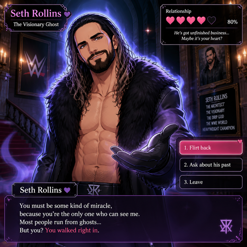 WWE superstar Seth Rollins as a ghost in a dating sim game