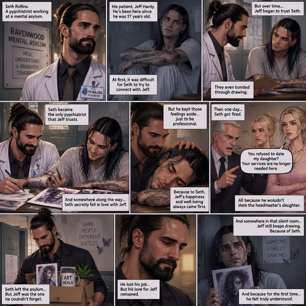 Seth Rollins is a psychiatrist working at a mental asylum. He was assigned to look after a patient who has been here since he was 17 years old,His name is Jeff Hardy. At first it was difficult for Seth to try to connect with Jeff,But Overtime Jeff began to trust Seth. They even bonded through drawing. Seth became the only psychiatrist that Jeff trusts. Seth even….secretly fell in love with Jeff overtime…But he kept those feelings aside just to be professional. Then one day Seth got fired Just because he refused to date the headmaster’s daughter