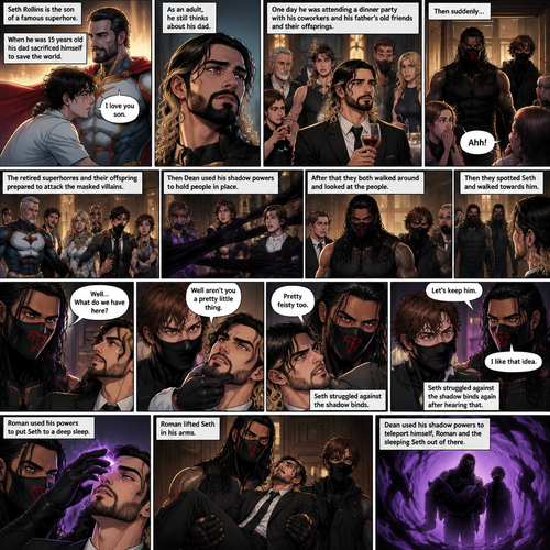 (Part 1 of an Ambrolleigns story) Seth Rollins is the son of a famous superhero. When he was 15 years old his sad sacrificed himself to save the world,the last this his dad said to him was “I love you son”. As an adult he still thinks about his dad. One day He was attending a dinner party with his coworkers and his father’s old friends and their offsprings,Then suddenly….Two masked villains (Roman Reigns and Dean Ambrose) bursts in. Some people screamed and the retired superhero’s and their offspring prepared to attack the masked villains. Then Dean used his shadow powers to hold people In place. After that they both walked around and Looked at the people,Then they spotted Seth and walked towards him. “Well…What do we have here?” Roman asked. Dean grabbed Seth’s chin. “Well aren’t you a pretty little thing” Said Dean. Seth struggled against the shadow binds. “Pretty feisty too” said Roman. Dean looked at Roman and said “Let’s keep him”. Seth struggled against the shadow binds again after hearing that. Roman chuckled evilly and said “I like that idea”. Roman used his powers to put Seth to a deep sleep. Roman lifted Seth in his arms. Dean used his shadow powers to teleport himself,Roman and the sleeping Seth out of there