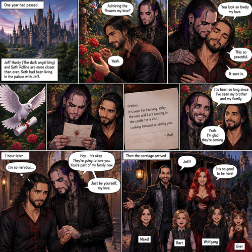 (Part 4 of the dark angel X human story). 1 year had passed,Jeff Hardy (The dark angel king) and Seth Rollins are more closer than ever. Seth had been living in the palace with Jeff. One day Seth was in the garden. Jeff walked behind him. “Admiring the flowers my love?” Jeff asked. Seth smiled softly. “Yeah” Seth said softly. Jeff gently pulled Seth in his embrace. “You look so lovely my love” Jeff said softly. Seth hummed softly. “This so peaceful” Seth said softly. “It sure is” Jeff said softly. Then a messenger bird flew in with a letter. Jeff gently picked up the letter and opened it,It was from his brother Matt saying that he and his wife and kids are coming to Jeff’s castle for a visit. Seth looked at the letter too. Jeff smiled,it had been so long since he’s seen his brother and his family. 1 hour later,Jeff was anticipating their arrival and Seth was completely nervous. Seeing that Seth was nervous Jeff gently held his hand and reassured him. Then the carriage arrived. Matt Hardy walked out of it,Then his wife Reby,Then their kids Maxel,Bart,Wolfgang and Ever