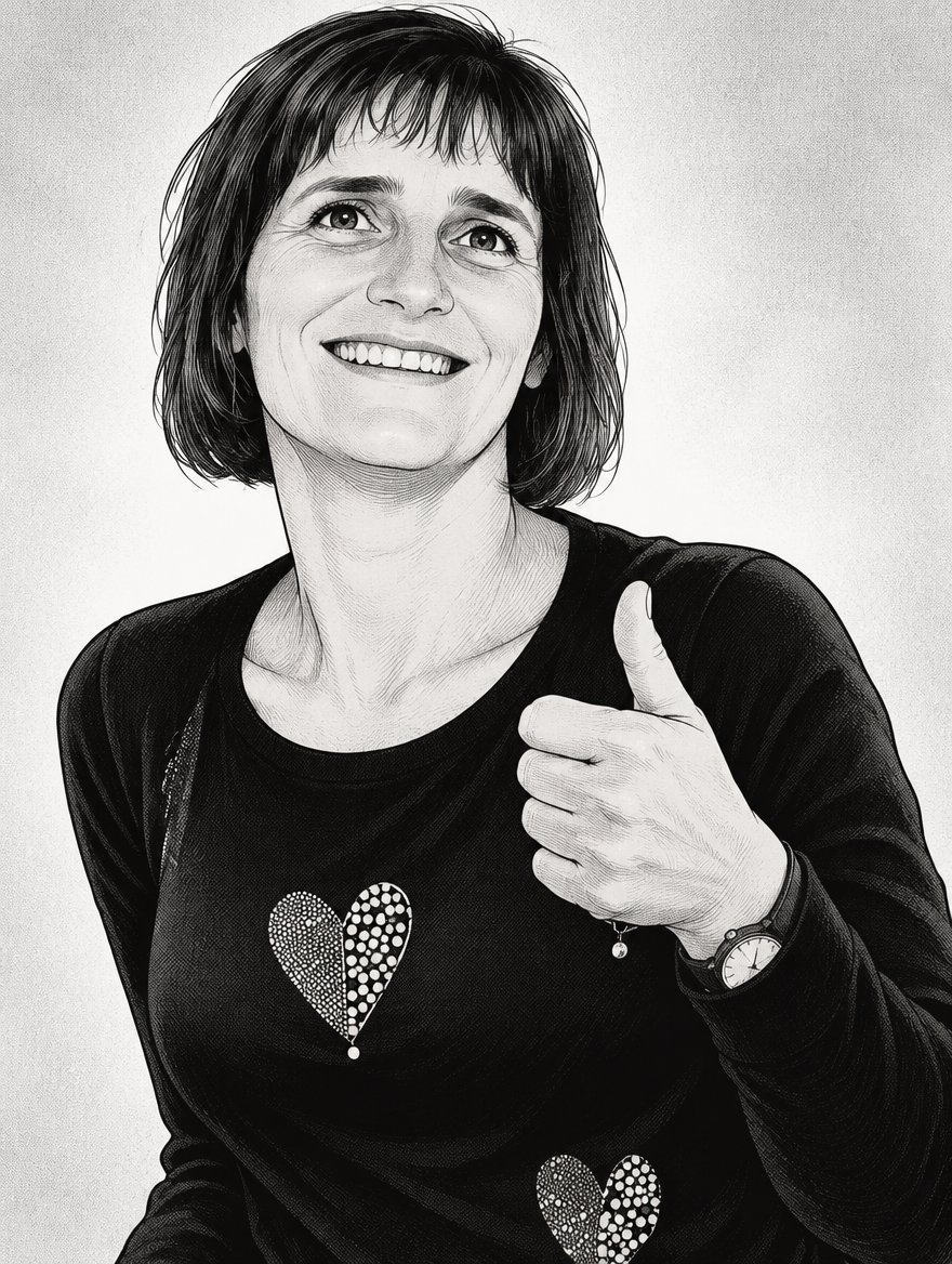 Black-and-white manga portrait of a person smiling and giving a thumbs-up.