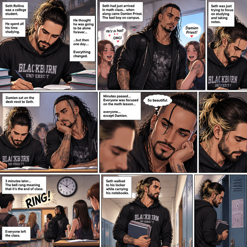 Seth Rollins was a college student,He spent all his time studying. He thought he was going to be alone forever…but then one day….Everything changed. He just arrived In math class,He sat at his usual desk…then along came Damien Priest,The bad boy on campus. The girls were gushing and giggling all over him. Seth was just trying to focus on studying and taking notes. Damien sat on the desk next to Seth. Minutes passed,Everyone was focused on the math lesson…everyone…except Damien. He was focused on only one thing…Seth. He was looking at Seth like he was the most beautiful angel he’s ever seen. “So beautiful” Damien said in his mind. 3 minutes later,The bell rang meaning that it’s the end of class,Everyone left the class. Seth walked to his locker while carrying his notebooks