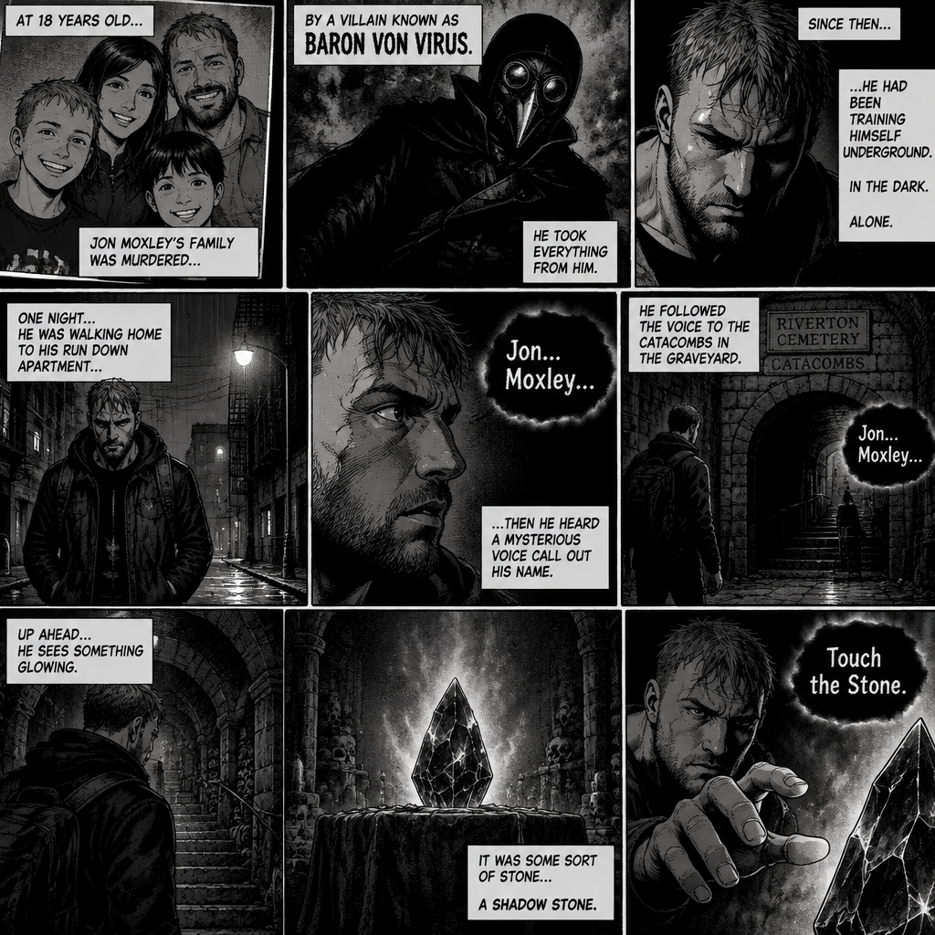 Jon Moxley as a vigilante born from tragedy. When he was 18 years old his family was murdered by a villain known as Baron Von Virus. Since then he had been training himself underground. One night he was walking home to his run down apartment…then he heard a mysterious voice call out his name. “Hello?…Is someone there?” Jon asked. It called out his name again. He followed the voice to the catacombs in the graveyard. Up ahead…He sees something glowing. It was some sort of stone…a shadow stone. Then the voice repeats “Touch the Stone”
