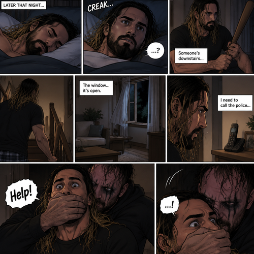 (Recap) Seth Rollins was at his house after a long day,A news report came on tv,The reporter said that Jon Moxley A.KA the Joker had escaped from the asylum that morning,Seth tensed up a bit,he and Jon used to date….then car accident happened witch messed up Jon’s mind,he started behaving erratically becoming the joker,he still loved Seth despite all that,then the cops came and took Jon away,Seth was devastated,he blamed himself ever since,he tried to move on but couldn’t. (And now part 2). Seth was asleep in his bed….then he was woken up by a noise coming from downstairs. He grabbed a bat and walked downstairs,when He got downstairs…he noticed…one of the windows in the living room was open. He got spooked. He ran to his home phone to call the police….but before he picked up the phone….someone grabbed him from behind. “Help!” Seth Yelled. The person covered Seth’s mouth
