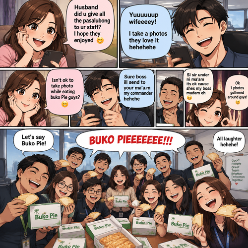 Husband did u give all the pasalubong to ur staff I hope they enjoyed yuuuuuup wifeeeeey I take a photos they love it hehehehe I told them pasalubong with your ma’am my wifeeeeeey isn’t ok to take photo while eating buko Pie guys sure boss ill send to your ma’a.m my commander hehehe si sir under ni ma’am its ok cause shes my boss madam eh ok 1photos gothered around guys lets say buko Pie all the staff say buko pieeeeeee all laughter hehehe 