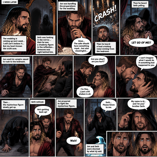 (Recap)Jon Moxley (The vampire king) and Seth Rollins (The vampire hunter…well now The bride Of Jon Moxley) were at the royal feast,Seth was stunned because Jon announced that Seth was his bride,Jon also said that the wedding would take place in 2 weeks,Seth just sat there stunned,Jon sat down and wrapped his arm around Seth and pulled him close,He gently kissed Seth’s forehead,Seth’s heart fluttered,Jon heard it and said “you’re cute,My little hunter”. (And now part 6). 1 week had passed,the wedding was coming up next week. Seth still couldn’t believe it…but his heart knows the truth now. Jon was handling the preparations for the wedding. Seth was looking in the mirror…then he saw a shadowy figure in the reflection…someone was right behind him. Jon was trying to figure out some details for the wedding cake….Then he heard a loud crashing noise coming from the bedroom,Then he heard Seth yelling “LET GO OF ME!!”. Jon used his vampire speed to rush to the bedroom. The mysterious figure was trying to drag Seth out the window. Seth was struggling to get himself free. Jon arrived just in time,He attacked the mysterious figure. Once the mysterious figure was knocked out Jon rushed over to Seth. “Are you okay?,are you hurt?” Jon asked “I’m fine..j-just a bit shaken is all” said Seth. Jon gently held Seth. “I can’t imagine what I would do if something bad happened to you” Said Jon. Then….the mysterious figure slowly got up. Seth noticed. “He’s getting back up!” Seth said to Jon. Jon prepared to fight the mysterious figure. “Wait!” Said the mysterious figure. The mysterious figure looked at Seth. “Seth…Please listen to me” said the mysterious figure. Seth was confused. “How do you know my name? Who are you?” Seth asked. The mysterious figure (Aj Styles) took off his hood. “My name is Aj…and I’m your brother Seth” said Aj. Jon and Seth were shocked by what Aj said