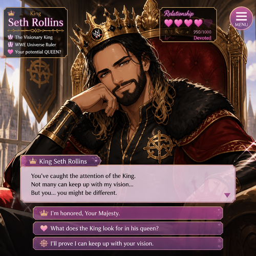 WWE superstar Seth Rollins as a king in a dating sim game