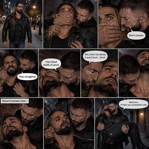 Seth Rollins was walking down a sidewalk alone at night,Then…Someone (Finn Bálor) grabbed him from behind and pulled him into an alleyway. Seth tried to yell for help but the person Covered his mouth with his hand. The person whispered in Seth’s ear “Don’t scream”. Seth struggled but the person was somehow stronger than him. “Stop struggling!” The person said with an irritated tone. Seth was breathing heavily. The person sniffed Seth’s neck. “Your blood smells so good” Said the person. Seth’s heart was pounding with fear. “Shh,Don’t be afraid,It won’t hurt…Much” The person said softly. Then…the person’s fangs pierced Seth’s neck. Seth groaned. The person held Seth. After about 8 minutes,The person removed his fangs from Seth’s neck. Seth was weak and barely conscious. The person lifted Seth in his arms. “Rest now,I’ll take you somewhere safe” The person said softly