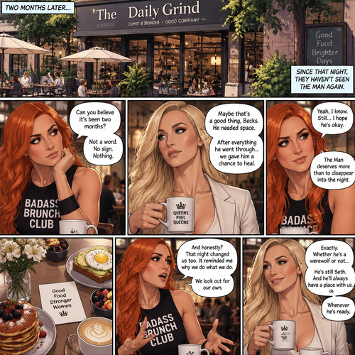 (Part 2 of the Werewolf X human story). It’s been two months since the night Becky Lynch and Her friends Charlotte Flair and Bayley saved the Man (Seth Rollins). They haven’t seen him since. Becky and charlotte were having brunch at a cafe