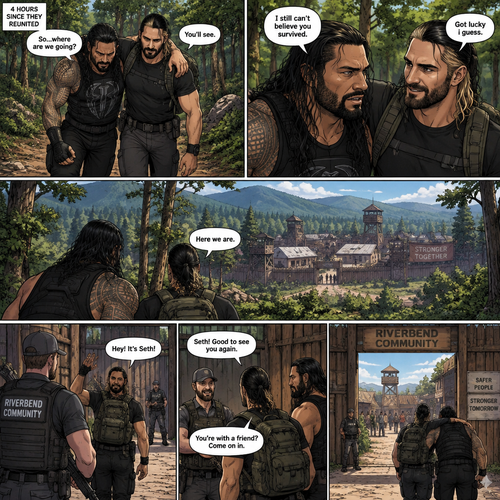 (Part 2 of the Zombie Apocalypse story). Still in the woods,Still far away from the zombies. Roman Reigns was still limping from the sprained ankle and Seth Rollins was helping him walk. It had been 4 hours since they reunited. “So…where are we going?” Roman asked. “You’ll see” said Seth. “I still can’t believe you survived” Said Roman. “Got lucky i guess” said Seth. They kept walking till they spotted a community like town up a head. “Here we are” Said Seth. They walked towards it. One of the guards recognized Seth. The guards let Seth and Roman in