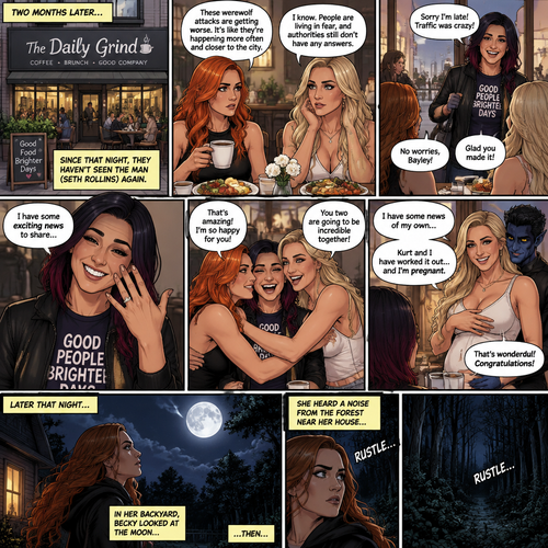 (Part 2 of the Werewolf X human story). It’s been two months since the night Becky Lynch and Her friends Charlotte Flair and Bayley saved the Man (Seth Rollins). They haven’t seen him since. Becky and charlotte were having brunch at a cafe,They were talking about the recent werewolf attacks. Then Bayley showed up late….with a happy grin on her face. She apologized for being late and sat at the table. Then she said she’s has some exciting news to share with the two of them….Finn Bálor proposed to her last night…and she said yes. Becky and Charlotte were happy and excited for Bayley. Then Charlotte said she’s has some news of her own. She and her husband (Kurt Wagner a.k.a nightcrawler) have worked it out…and She’s pregnant. Becky and Bayley were happy and excited for Charlotte. Later that night,Becky was in her backyard looking at the moon…then…She heard a noise from the forest near her house