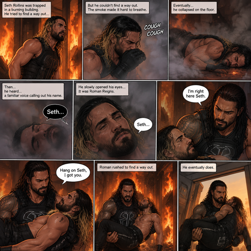Seth Rollins is in a burning building,He tries to find a way out,he couldn’t find a way out. He was coughing because of the smoke,Eventually….he collapsed on the floor. Then….He heard….a familiar voice calling out his name. He slowly opened his eyes…it was Roman Reigns. Seth weakly called out Roman’s name. Roman rushed over to Seth. “I’m right here Seth” said Roman. He lifted Seth in his arms. “Hang on Seth,I got you” Roman said to Seth. Roman rushes to find a way out,He eventually does