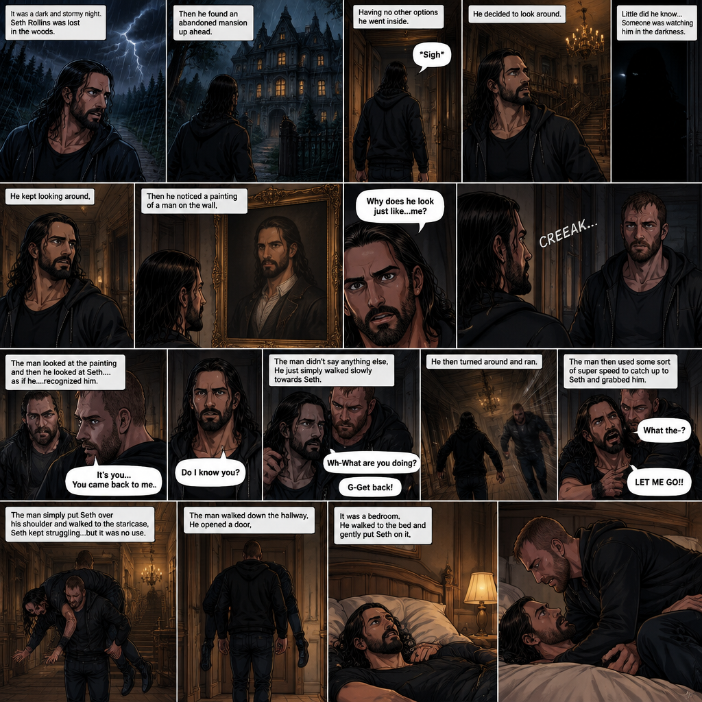It was a dark and stormy night.Seth Rollins was lost in the woods,Then he found an abandoned mansion up ahead.Having no other options he went inside.He sighed heavily.He decided to look around,Little did he know…Someone was watching him in the darkness.He kept looking around,Then he noticed a painting of a man on the wall,He couldn’t help but notice…that the man in the painting…looked just like…him. “Why does he look just like…me?” Seth asked himself.Then…He heard the floor creak behind him,He turned around,A man (Jon Moxley) was standing right there.The man Looked at the painting and then he looked at Seth…..as if he….recognized him. “It’s you…You came back to me” The man said softly to Seth.Seth was confused. “Do I know you?” Seth asked.The man didn’t say anything else,He just simply walked slowly towards Seth.Seth got nervous and walked backwards slowly. “Wh-What are you doing?” Asked Seth. “G-Get back!” Said Seth.He then turned around and ran.The man then used some sort of super speed to catch up to Seth and grabbed him. “What the-?” Asked Seth. He struggled. “LET ME GO!!” Seth shouted.The man simply put Seth over his shoulder and walked to the staircase,Seth kept struggling…but it was no use.The man walked down the hallway,He opened a door,It was a bedroom,He walked to the bed and gently put Seth on it,then he got on top of him